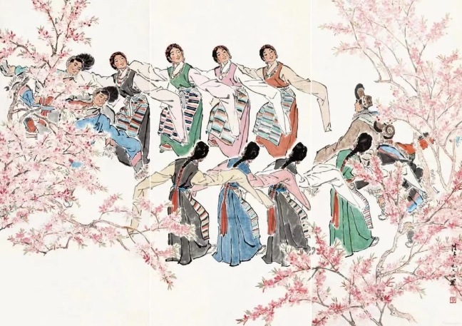 葉淺予高原之春紙本設(shè)色211cm×98cm、211cm×105cm、211cm×98cm1964年